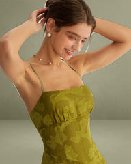 Green Floral Ruched Backless Maxi Slip Dress