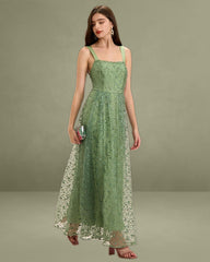 Women's Green Embroidery Mesh Slip Maxi Dress
