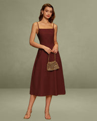Wine Red Square Neck Shirred Slip Midi Dress