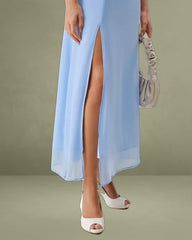 Blue Sweetheart Neck Chiffon Maxi Dress