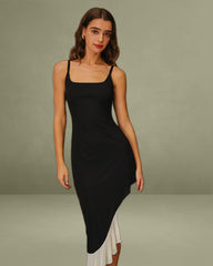Black Contrasting High-Low Midi Dress