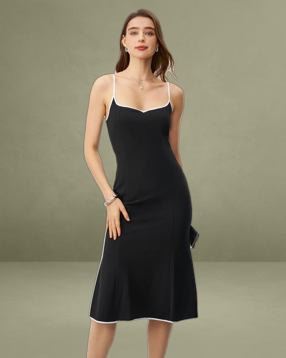 Black Contrast Sweetheart Neck Slip Midi Dress