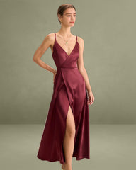 Red Satin Slit Maxi Dress