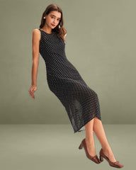 Black Polka Dot Boat Neck Midi Dress