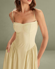 Yellow Square Neck Pocket Slip Midi Dress