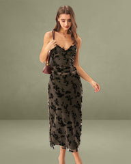 Coffee Floral A-Line Slip Midi Dress