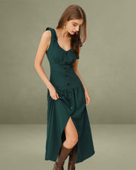 Green Ruched A-Line Sleeveless Maxi Dress