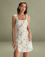 Beige Square Neck Embroidery Slit Slip Mini Dress