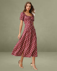 Wine Red Floral Square Neck Puffed Sleeve Midi Dress