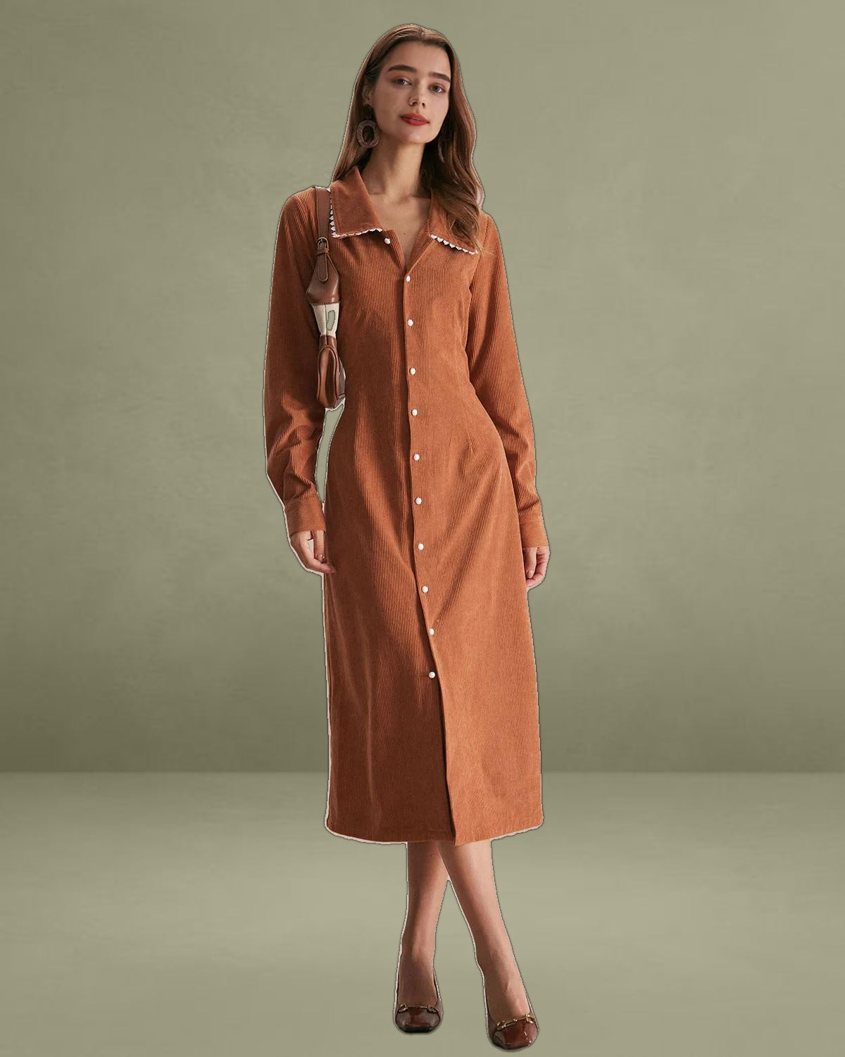 Caramel Belted A-Line Midi Dress