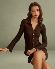 Brown Bodycon Button Sweater Dress