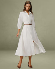 White A-Line Button Midi Dress