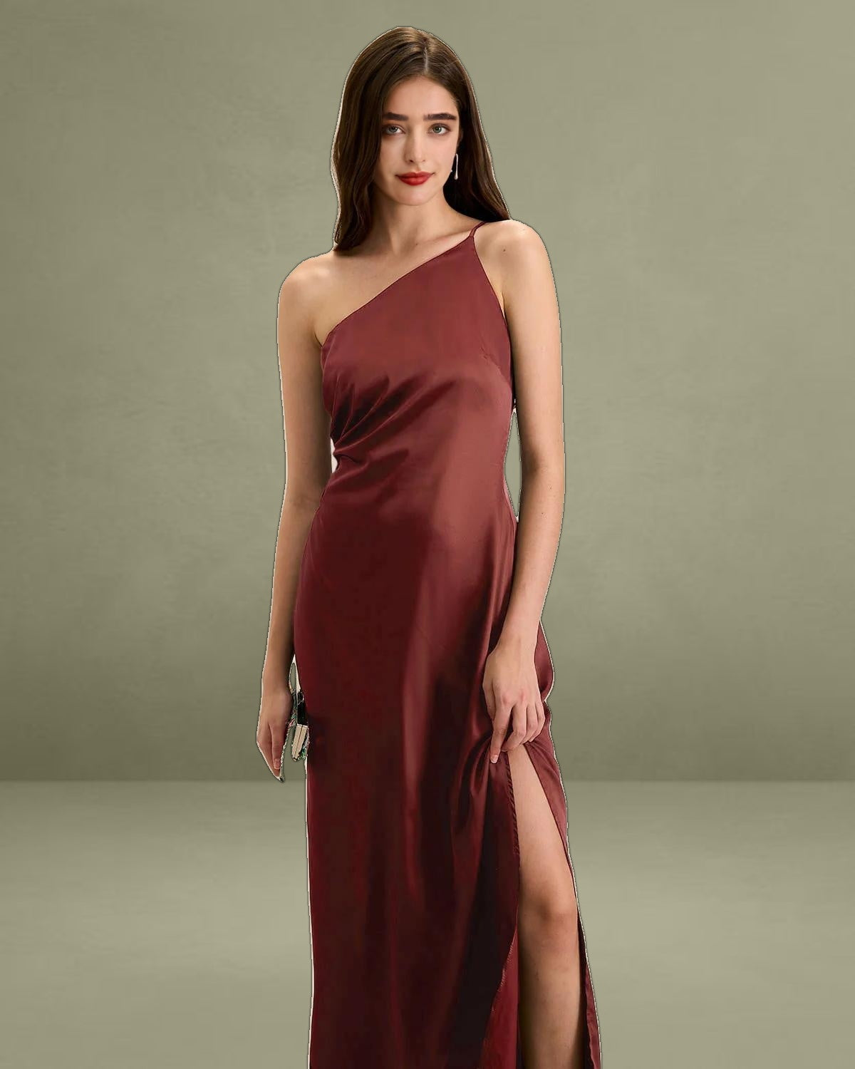 Red One-shoulder Satin Maxi Dress