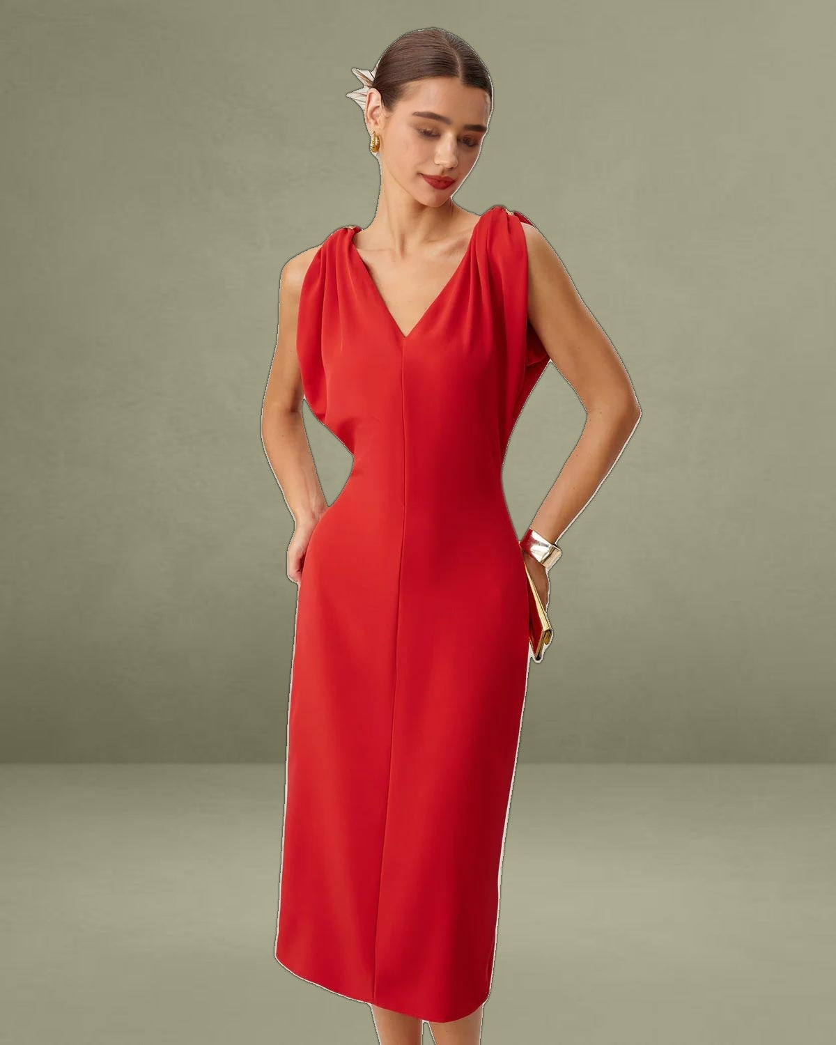 Red V Neck Sleeveless Midi Dress