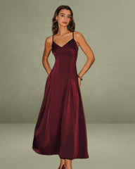 Wine Red Satin A-Line Slip Maxi Dress