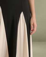 Women's Black Contrasting Pleated Slip Maxi Dress