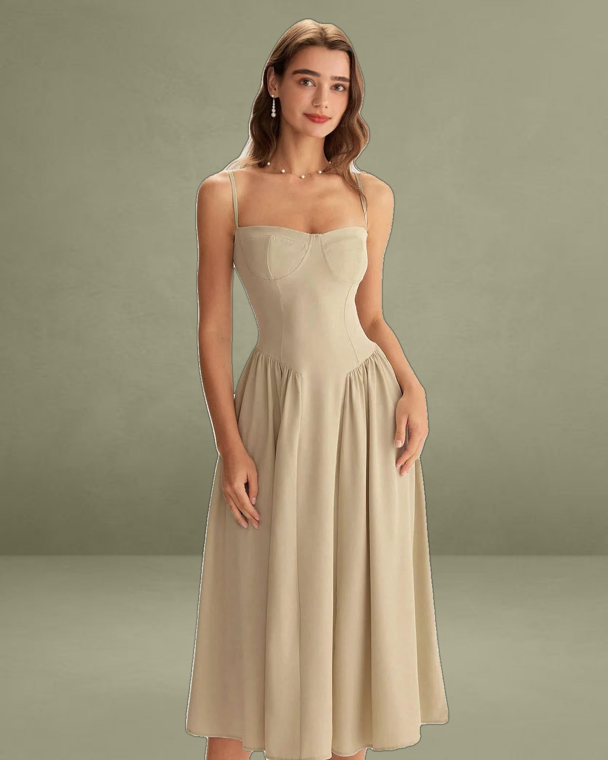 Khaki Square Neck Pocket Slip Midi Dress