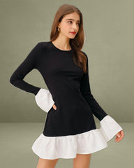 Black Contrasting A-Line Ruffle Mini Dress