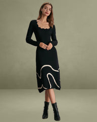The Black Wave Scalloped Sweater Midi Dress