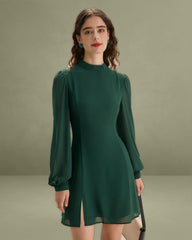 The Green Stand Collar Sheer Slit Mini Dress