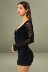 Black Bodycon Dress Mini Long Sleeve Burnout