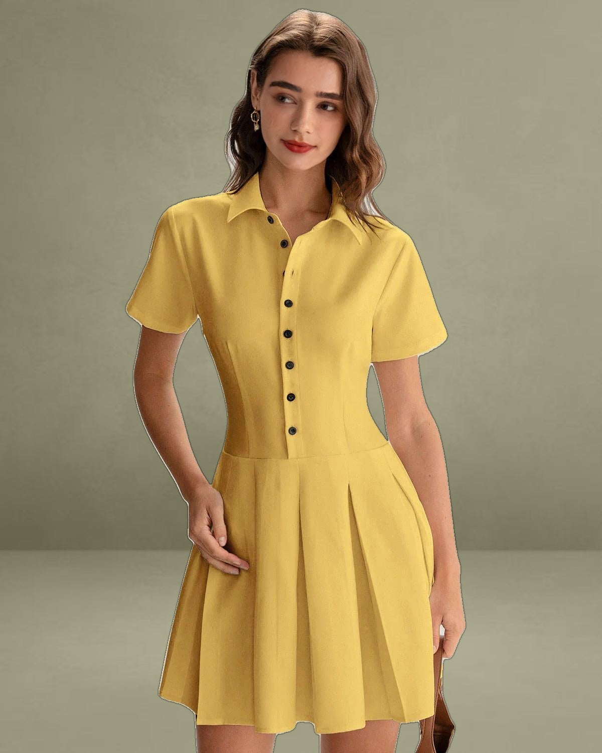 Yellow Button Pleated Mini Dress