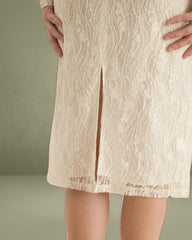 Apricot Lace Boat Neck Long Sleeve Midi Dress