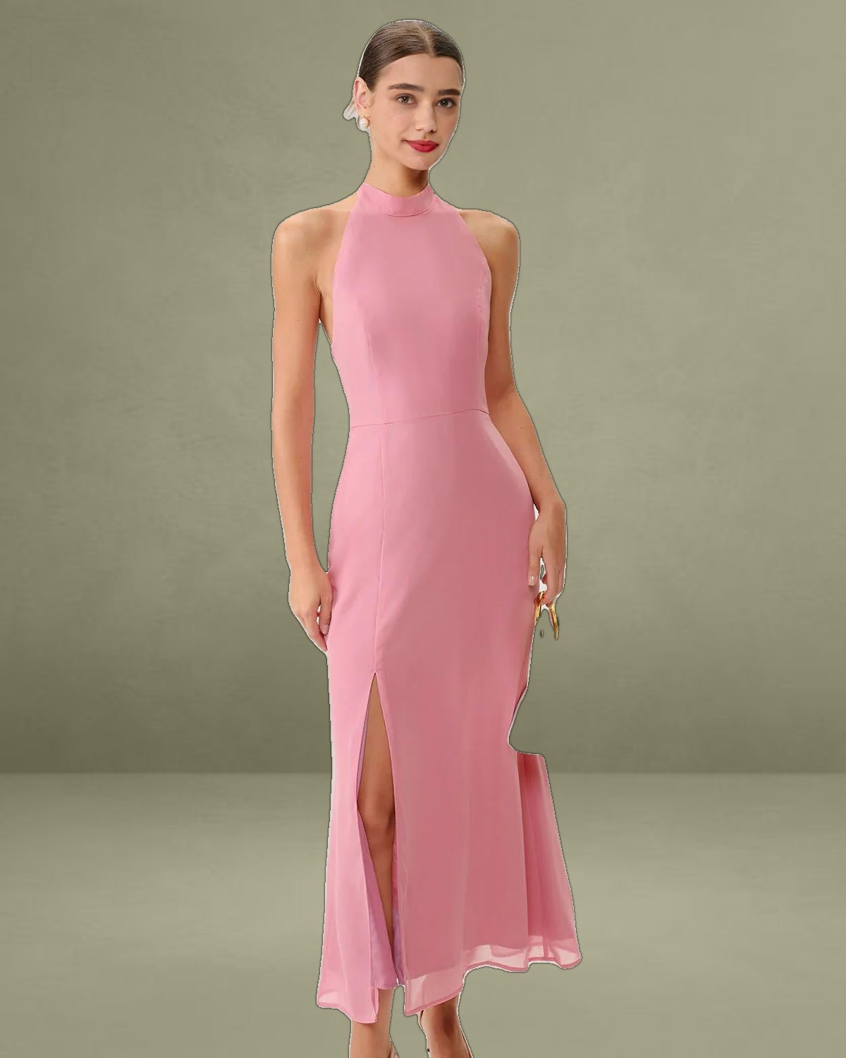 Pink Mock Neck Backless Maxi Dress