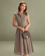 Brown Plaid Button Pleated Midi Dress