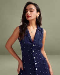 Navy V Neck Polka Dot Tie Back Midi Dress