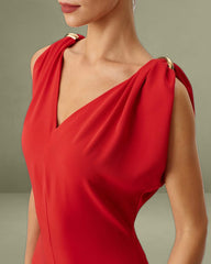 Red V Neck Sleeveless Midi Dress