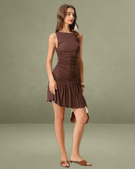 Brown Boat Neck Ruched Sleeveless Mini Dress
