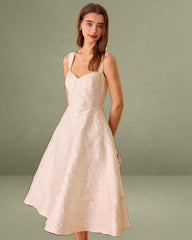 White Sweetheart Neck Jacquard Midi Dress