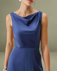Navy Cowl Neck Satin Sleeveless Maxi Dress