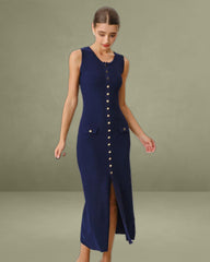 Blue U Neck Sleeveless Sweater Dress