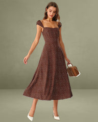 Brown Polka Dot Cap Sleeve Midi Dress