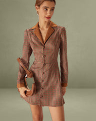 Brown Plaid Spliced Suede Mini Dress