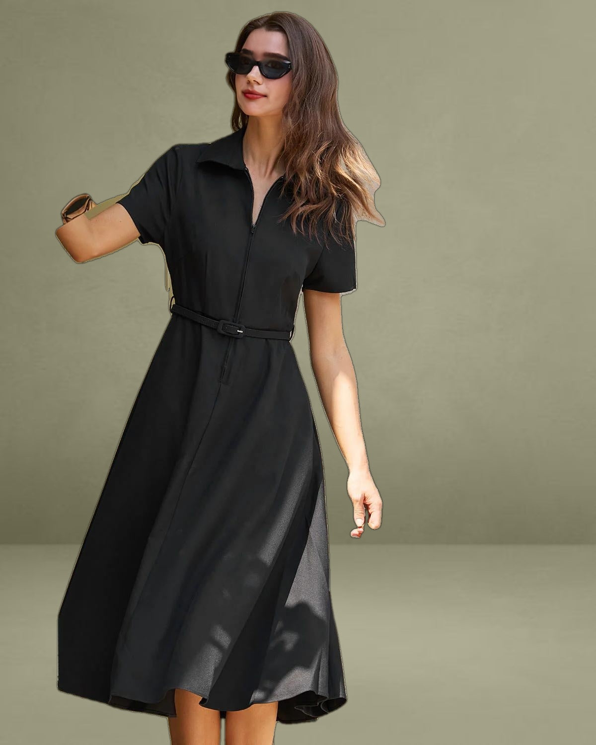 Black A-Line Belted Midi Dress