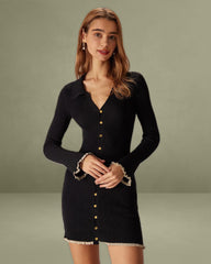 Black V-Neck Contrast Trim Knitted Mini Dress