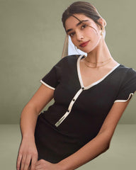 Black Contrasting Sweater Mid-Length Dress