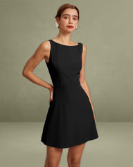 The Black Boat Neck High Waisted Mini Dress