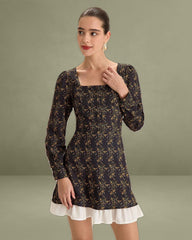 Black Contrasting Puffed Sleeve Mini Dress