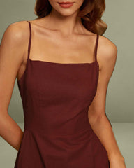 Wine Red Square Neck Shirred Slip Midi Dress