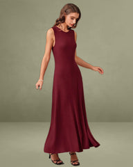 Red Round Neck A-Line Sleeveless Maxi Dress