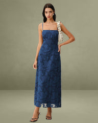 Navy Jacquard Backless Maxi Slip Dress