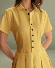 Yellow Button Pleated Mini Dress