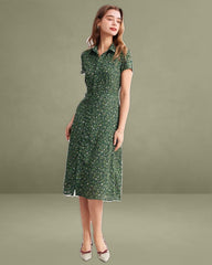 The Green Lapel Button Up Floral Midi Dress