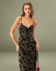 Coffee Floral A-Line Slip Midi Dress