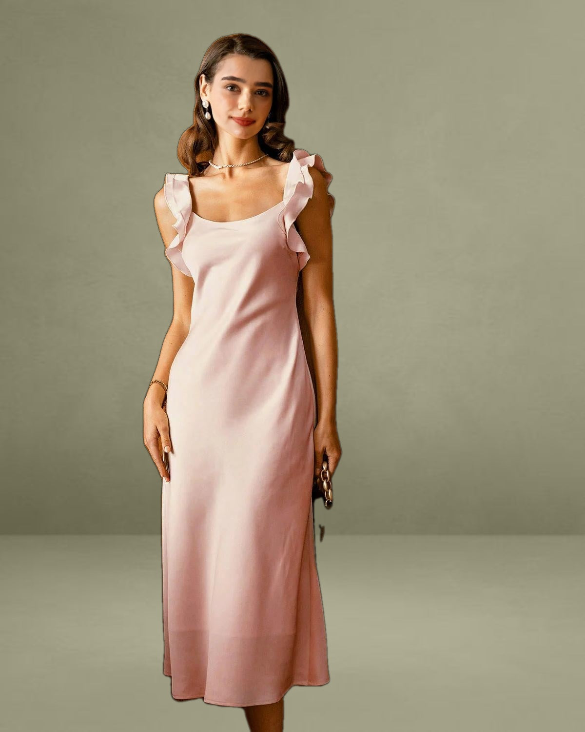 Pink Square Neck Ruffle Satin Midi Dress