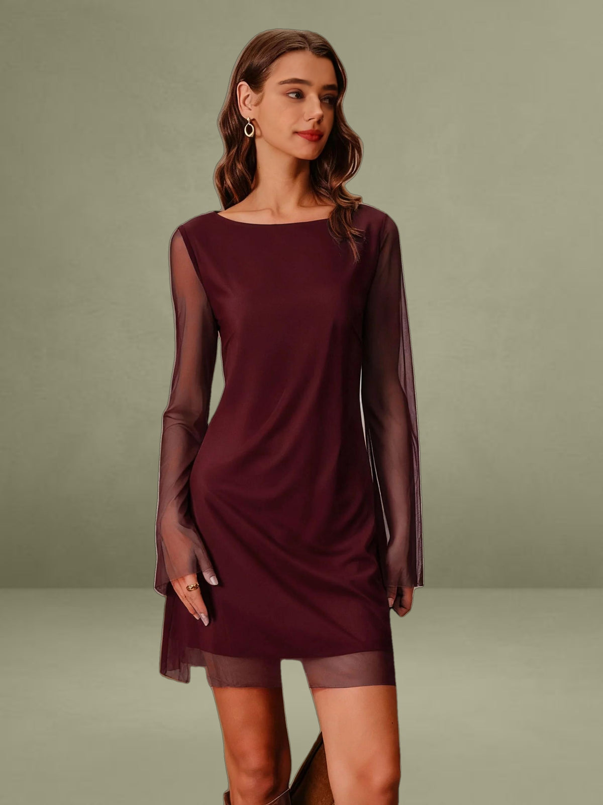Wine Red Boat Neck Mesh Mini Dress
